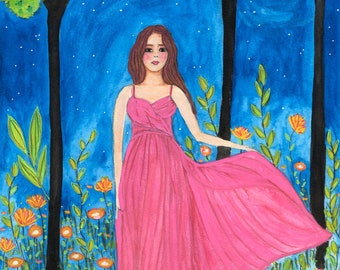 Night Meadow Large Art Print, Magical Serene Woman Girl Whimsy Spiritual Art Print, Large Print