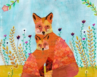 Fox Art Print, Fox Painting, Mother and Baby Fox Illustration, Fox Nursery Wall Art, Child Decor, Fox Nursery Decor