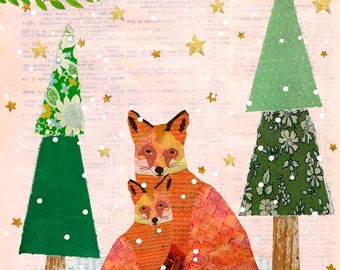 Snowy Mother and Baby Fox, Christmas Nursery Decor, Animal Nursery Art Print, Animal Painting, Fox Art Print, Children Decor, Kids Decor