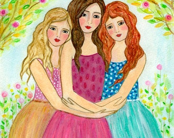 Three Sisters Art Print, Brunette Blonde Red Hair Sisters - Three Best Friends Print, Gift for Sister or Best friend
