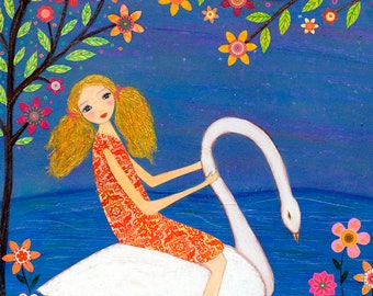 Swan Princess Art Print, Fairytale Art, Large Art Print, Fairytale Illustration, Fairy Tale Art, Girl Nursery Decor, Nursery Print, Girl Art