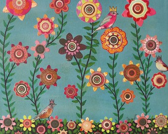 Birds and Flowers Collage Painting, Baby Girls Room, Poster Print for Home Decor