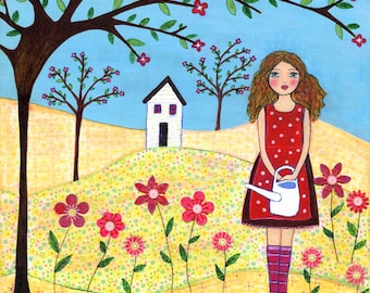 Nursery Art, Art for Nursery Decor, Folk Art Girl Painting Art Print,Flower Garden Painting, Gift for Gardener, Plant Lover Gift
