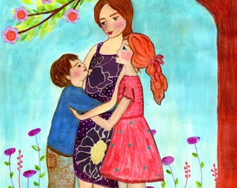 Mother Son and Daughter Painting Motherhood Art Print Mother and Child Painting Nursery Wall Art