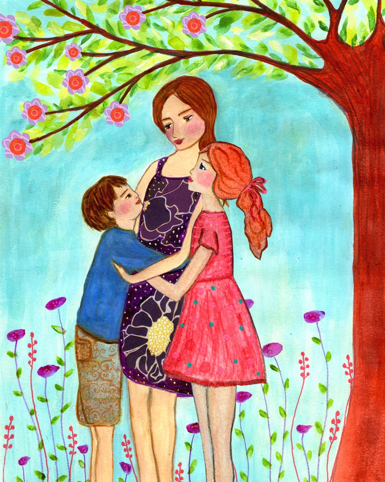 Mother Son and Daughter Painting Motherhood Art Print Mother and Child Painting Nursery Wall Art image 1