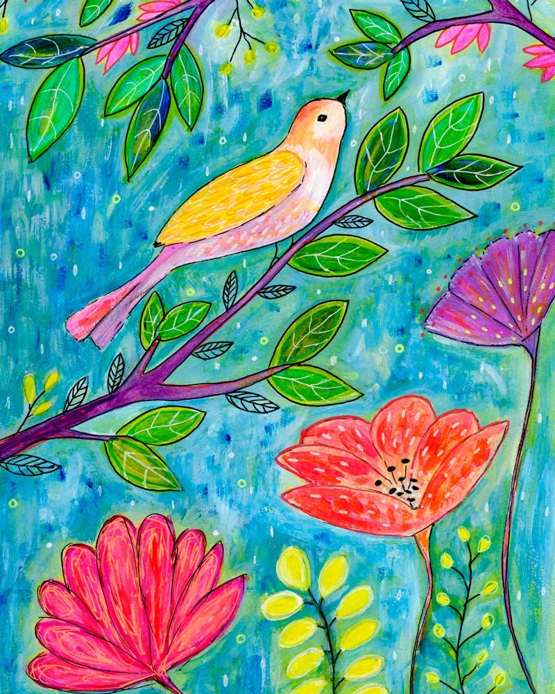 希少 アート 大型本 TROPIAAL ART Birds and Leaves Songbirds Art Print, Tree of Life, Tropical Bird Painting