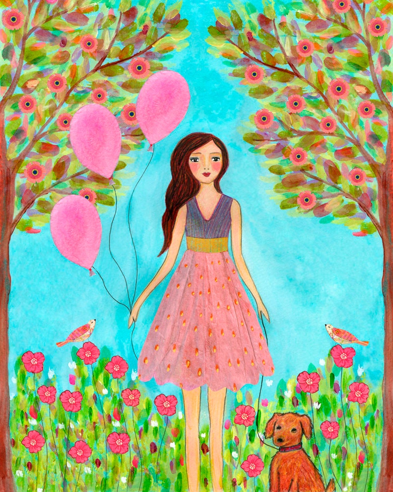 女の子と犬の絵画、女の子の部屋のためのアート、子供部屋の装飾