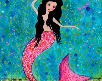 Mermaid Art, Mermaid Nursery Decor, Children Decor, Dancing Mermaid Art Print, Baby Girl Nursery, Large Mermaid Art Print