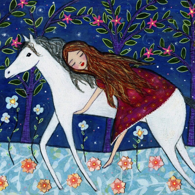 Horse Art Print, Girl and Horse Painting, Horse Illustration, Mixed Media Girl and Horse Painting for Children Decor image 3