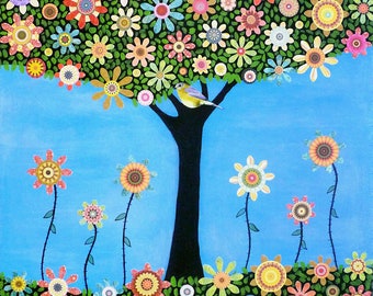 Bird Tree Art Print - Mixed Media Bird Tree Painting - Large Art Print - Wall Art Print - Tree Landscape Art