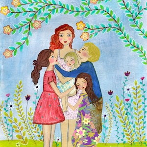 母と子の絵画、パーソナライズされた母と娘と息子の絵画アートプリント、母と子の絵画のお母さんへのパーソナライズされたギフト