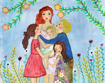 Mother and Children Painting, Personalised Mother Daughters and Sons Painting Art Print, Mother and Child Painting Personalised Gift for Mum