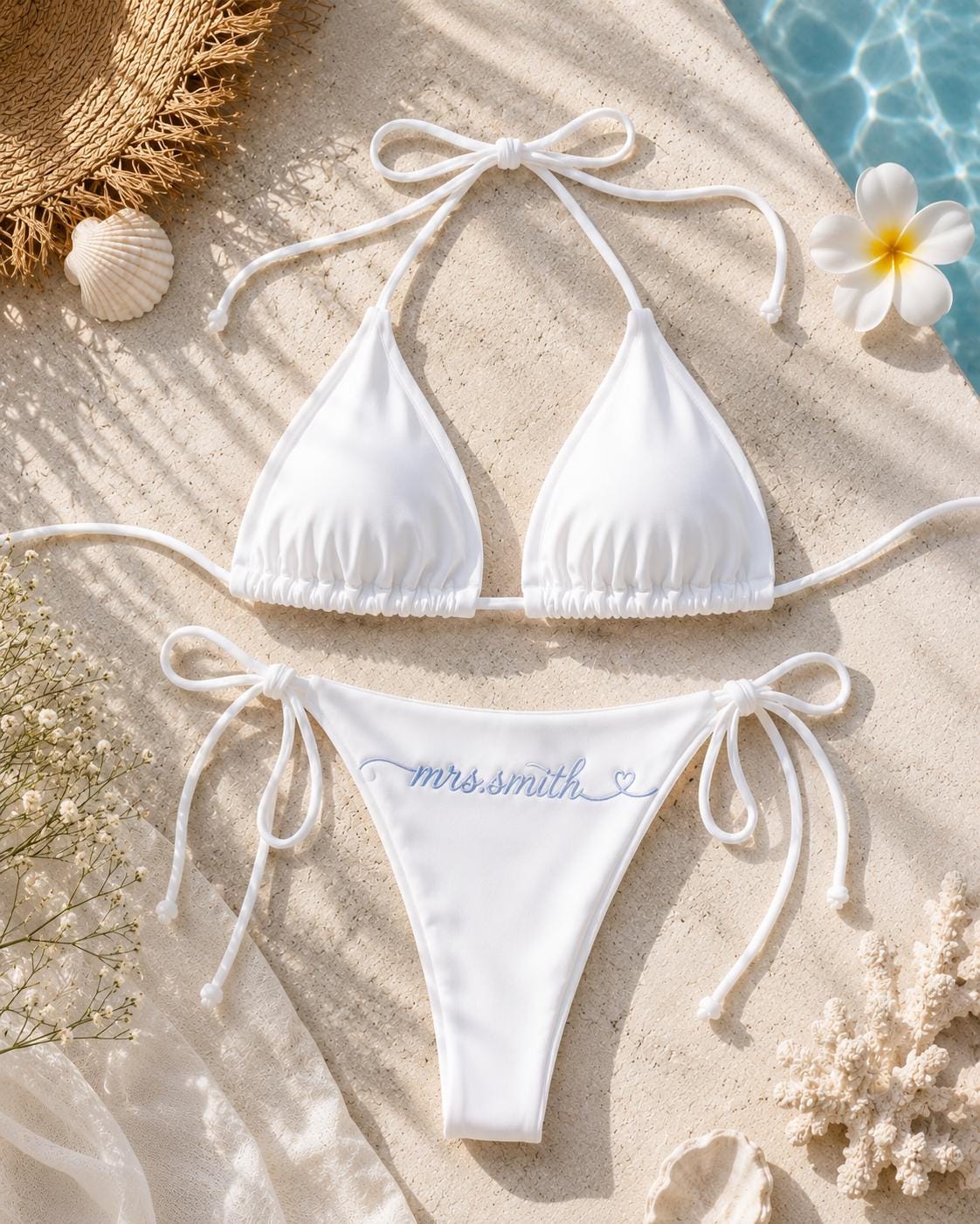 Personalized White Bridal Bikini | Custom Embroidered Mrs