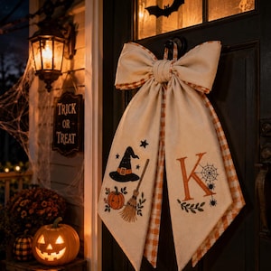 Personalized Halloween Front Door Bow, Embroidered Witch Hat Pumpkin Door Hanger, Custom Monogram Fall Porch Decor, Halloween Wreath Bow