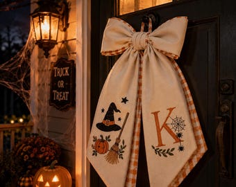 Personalized Halloween Front Door Bow, Embroidered Witch Hat Pumpkin Door Hanger, Custom Monogram Fall Porch Decor, Halloween Wreath Bow