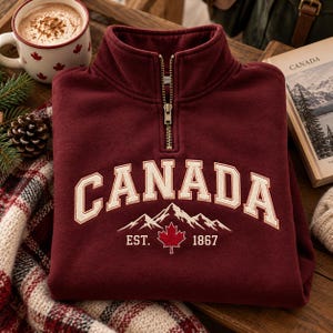 Canada Embroidered Quarter Zip Sweatshirt, Canada Pullover, Maple Leaf Sweatshirt, Canadian Gift, Canada Souvenir, Travel Gift