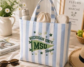 Personalized College Pennant Tote Bag, Embroidered Canvas School Spirit Bag