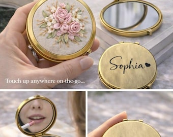Hand Ribbon Embroidered Art, Makeup Mirror,  Pocket Mirror