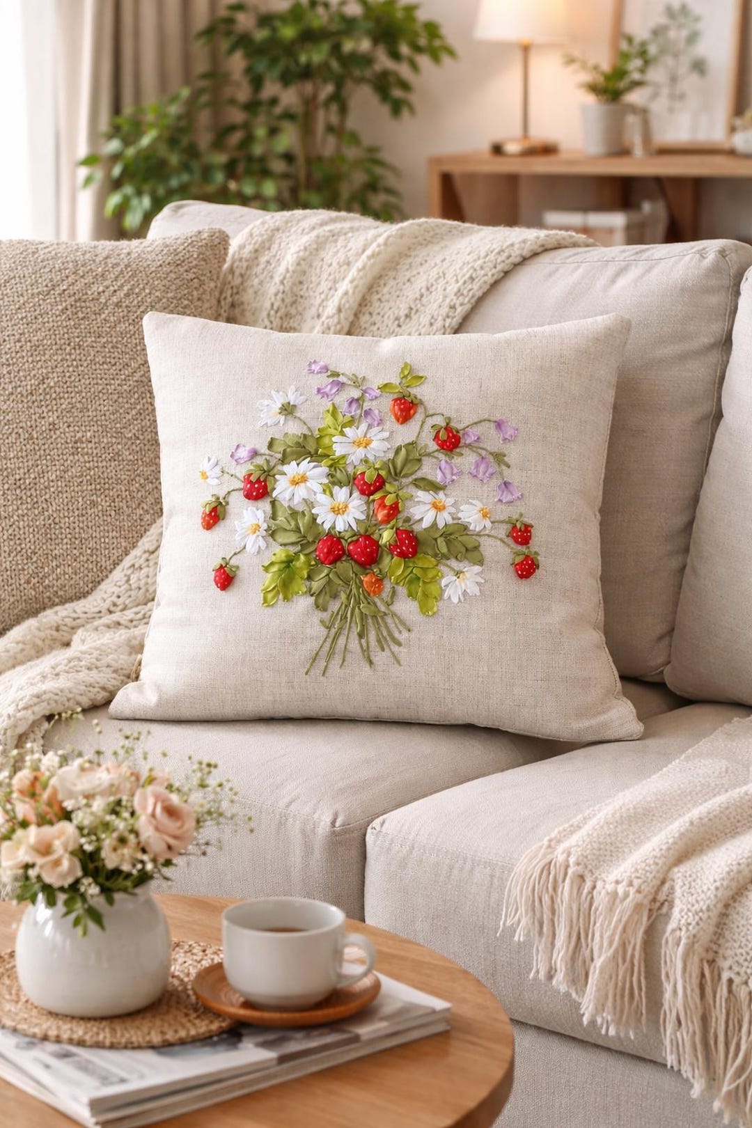 Strawberry Ribbon Embroidery Pillow Cover, Handmade Floral Cushion, Daisy Strawberry Throw Pillow, Cottagecore Home Decor, Gift for Her - includes insert