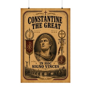 May include: A vintage-style poster featuring a portrait of Constantine the Great in a central oval. The text reads CONSTANTINE THE GREAT and IN HOC SIGNO VINCES. It includes illustrations of Roman military standards, a bridge, and soldiers.