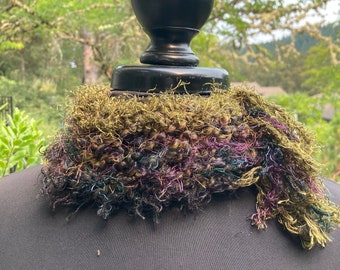 Olive and deep peacock toned knitted mini collar/neck warmer with decorative fringe (sku #2022-C-11)
