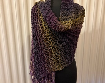 Dusty purple, mustard and taupe hand-knitted shawl / scarf with fringe (sku #2024-G-2)