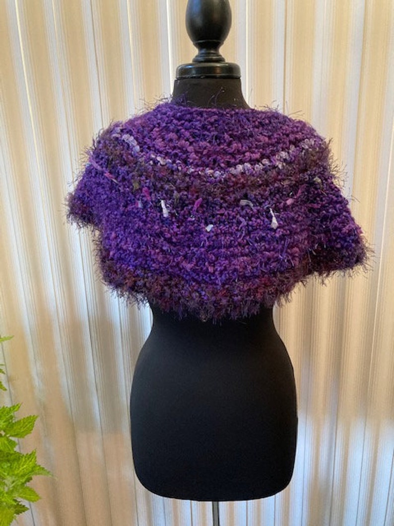 sku #2021-G-8 Purple hand-knitted mini poncho capelet in acrylic novelty yarns