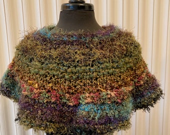 Short olive/earth-toned hand-knitted mini poncho / capelet (10" neck to hem) in acrylic novelty yarns (sku #2022-I-17)