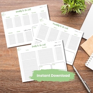 May include: Three printable planner pages with a green heart design. The pages are labeled "Weekly To Do List", "Daily To Do List", and "Monthly To Do List". The text "Instant Download" is written in green on a white background.