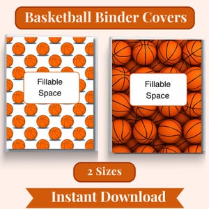 Puede incluir: Dos cubiertas de carpeta de baloncesto imprimibles con fondo blanco. La cubierta de la izquierda tiene un patrón repetido de balones de baloncesto naranjas. La cubierta de la derecha tiene una imagen de primer plano de balones de baloncesto naranjas. Ambas cubiertas tienen un rectángulo blanco con el texto "Espacio rellenable". El texto "2 tamaños" y "Descarga instantánea" se encuentra debajo de las cubiertas.