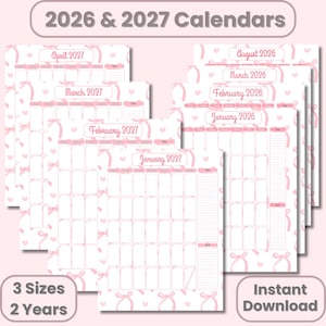 Rosa rosettkalender organisera 2026 2027 kalender söt rosa rosett utskrivbar kalender 2026 2027 rosett USL A4 Klassisk glad kalender direktnedladdning