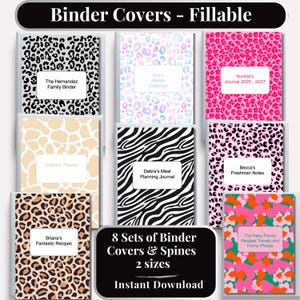Puede incluir: Colección de ocho cubiertas y lomos de carpetas en dos tamaños, con varios diseños como estampado de leopardo, rayas de cebra y diseños florales. Cada cubierta tiene una etiqueta blanca para personalizar. El texto dice "Binder Covers - Fillable" y "Instant Download."