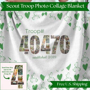 May include: A white fleece blanket featuring a repeating pattern of green hearts. The center displays the text Troop# 40470, where each digit is filled with a collage of small photographs. Below the number, the text reads established 2019.