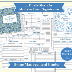 May include: A home management binder set featuring 70 fillable sheets for organisation. Includes two binder covers with blue and yellow tile or blue leaf patterns, and various printed forms for meal plans, medical info, contacts, and home projects.