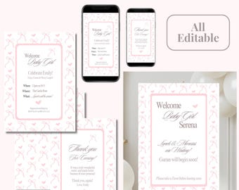 Baby Shower editable Digital Invitation pretty pink bow baby girl shower party invitation edit template girl pink bow baby shower invite