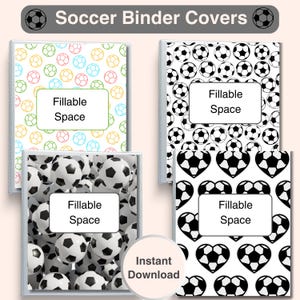 Puede incluir: Cuatro cubiertas de carpeta con temática de fútbol con varios diseños. La carpeta superior izquierda tiene balones de fútbol de colores, la superior derecha tiene balones de fútbol en blanco y negro, la inferior izquierda tiene un patrón de balones de fútbol y la inferior derecha tiene corazones de balones de fútbol.