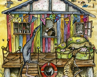 May include: A watercolor painting of a beach house with a colorful striped exterior and a red life preserver. There are four greyhounds, one standing, one sitting, and two lying down. The house has a window with a view of the beach and a row of colorful flags hanging above the window.