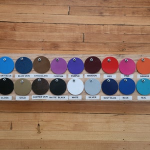 May include: A wooden display board featuring a collection of painted metal circles in various colors. Each circle is labeled with its color name, including Gray, Sky Blue, and Red. The board is mounted on a wooden surface.