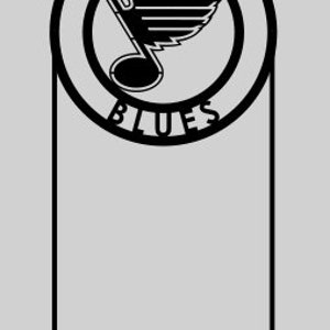 May include: Black and white metal silhouette of the St. Louis Blues hockey team logo. The logo features a stylized musical note with a wing. The logo is surrounded by a circle with the words "St. Louis Blues" written around it.