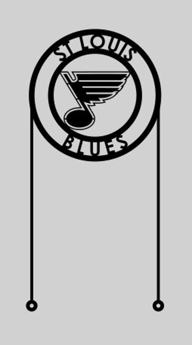 May include: Black and white metal silhouette of the St. Louis Blues hockey team logo. The logo features a stylized musical note with a wing. The logo is surrounded by a circle with the words "St. Louis Blues" written around it.