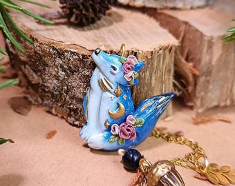 Wolf Necklace - (polymer clay, blue sandstone, and stainless steel)
