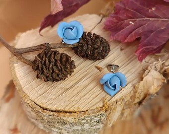 Blue Rose Stud Earrings (Polymer Clay, Stainless Steel)