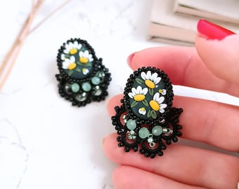 Persefone Mini Stackable Earrings in Polymer Clay, Tatting Lace, and Beads | Stud Earrings | Handmade Jewelry