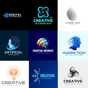 Könnte beinhalten: Eine Sammlung von 12 bunten Logos mit abstrakten Designs, geometrischen Formen und Text. Die Logos beziehen sich alle auf Technologie, Innovation und Kreativität. Einige der Logos enthalten die Wörter "Creative Technology", "Digital World", "Human Tech", "Brain Tech" und "Infinity Technology".