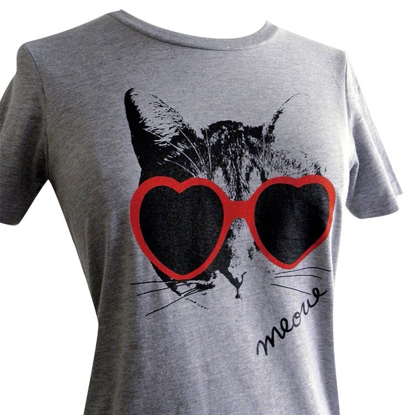 Women's Cat T-Shirt - Heart Sunglasses Kitty Meow T Shirt - (Available in sizes S, M, L, XL, 2XL)