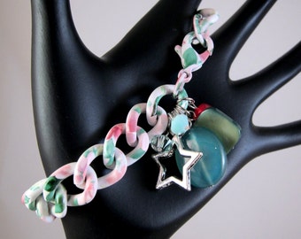 Pastel Floral Print Chain Bracelet with Silver Star Charm, Pink Chalcedony, Green Mother of Pearl, Green Quartz, Swarovski Crystal Dangle