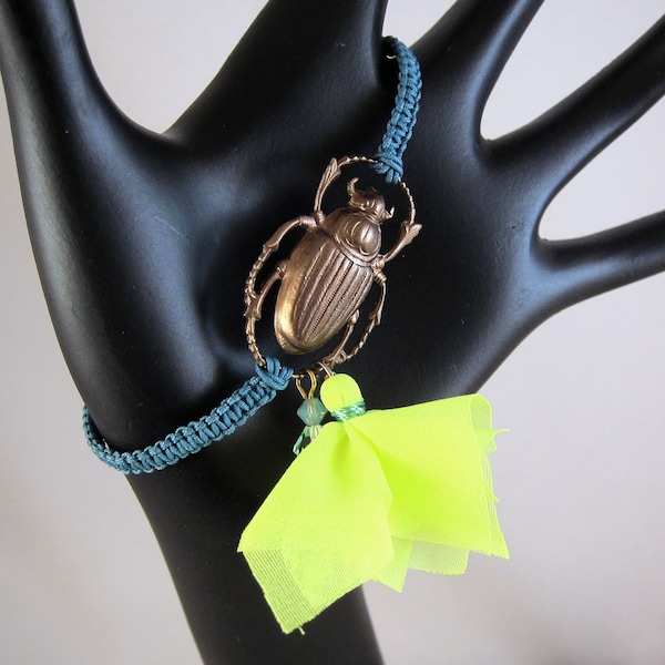 Good Luck Bronze Scarab Beetle Bracelet - Turquoise Hand Knotted Band with Neon Yellow Chiffon Tassel and Mint Green Swarovski Crystal