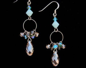 Swarovski Crystal Teardrop Chandelier Earrings - Turquoise Blue, Iridescent Golden Shadow - Sterling Silver Earwire