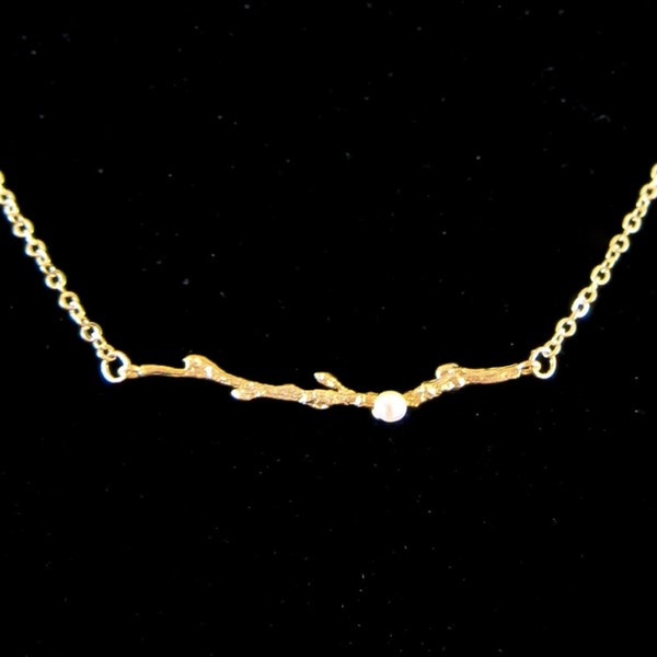 Thin Tree Branch with Freshwater Pearl on a Gold Chain Necklace - Back to Nature!