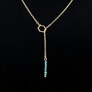 Gold Lariat Necklace: Hexagon Pendant with Faceted Turquoise Bead